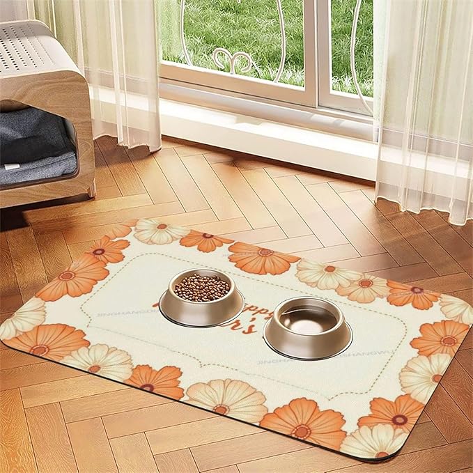 Dog Food Mats for Floors Absorbent Pet Cat Food Mat Happy Mother's Day Floral Gift Mom Orange Lf Non Slip Dogs Bowl Mats for Water Dog Placemats Feeding Mat Pet Supplies 24x16In