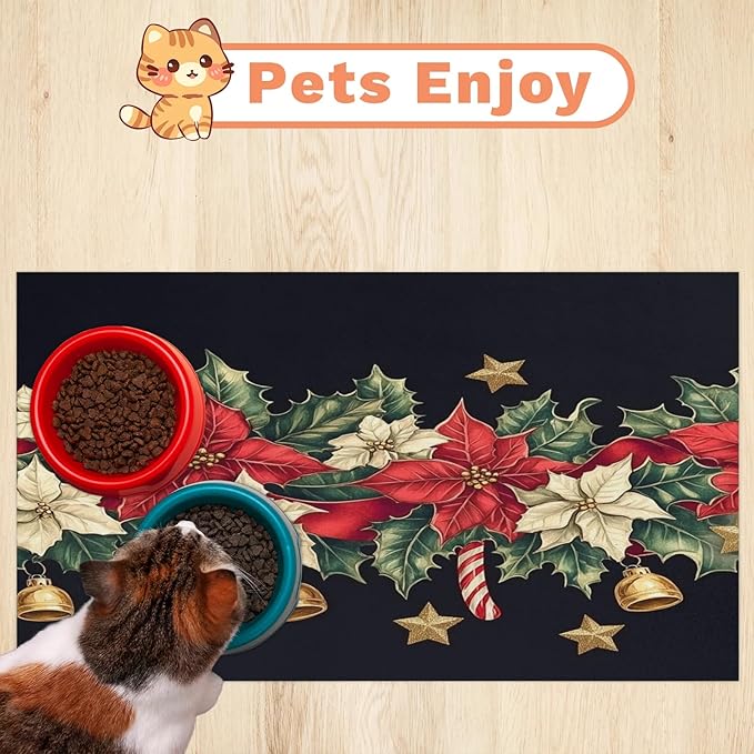 Red Poinsettia Dog Food Mat for Floors Absorbent, Quick Dry Water Dispenser Mat for Food, Water, Pet Supplies 16" x 24", Bell Star