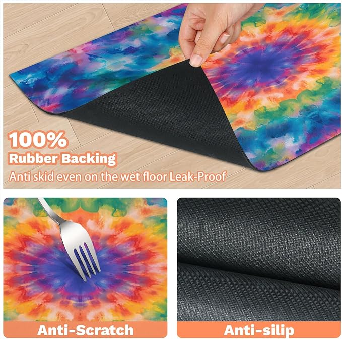 Tie Dye Dog Food Mat for Floors Absorbent, Quick Dry Water Dispenser Mat for Food, Water, Pet Supplies 17" x 30", Watercolor Mandala