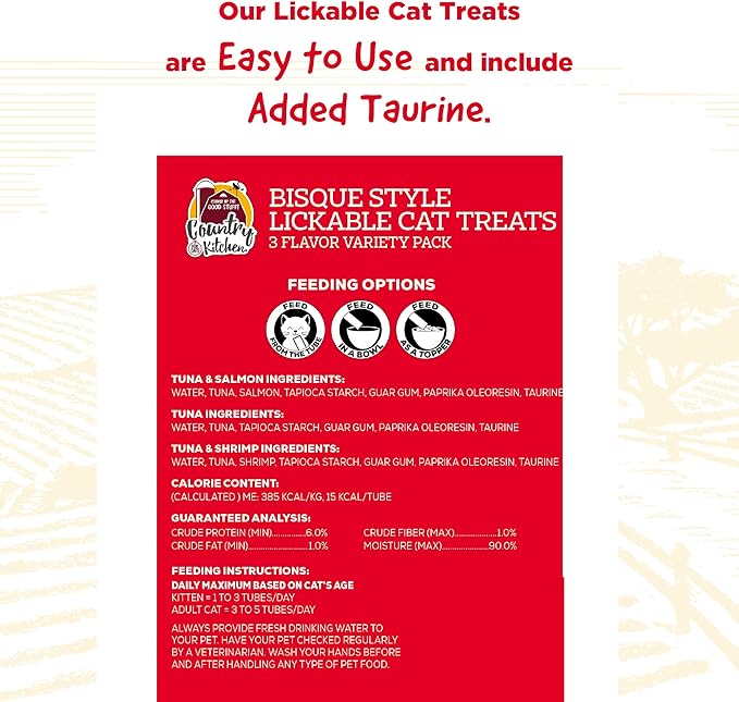 Country Kitchen, Bisque Style Lickable Cat Treats, 3 Flavor Variety Pack, Made with Real Tuna, Shrimp and Salmon, 5 oz. Tubes, 12 Count