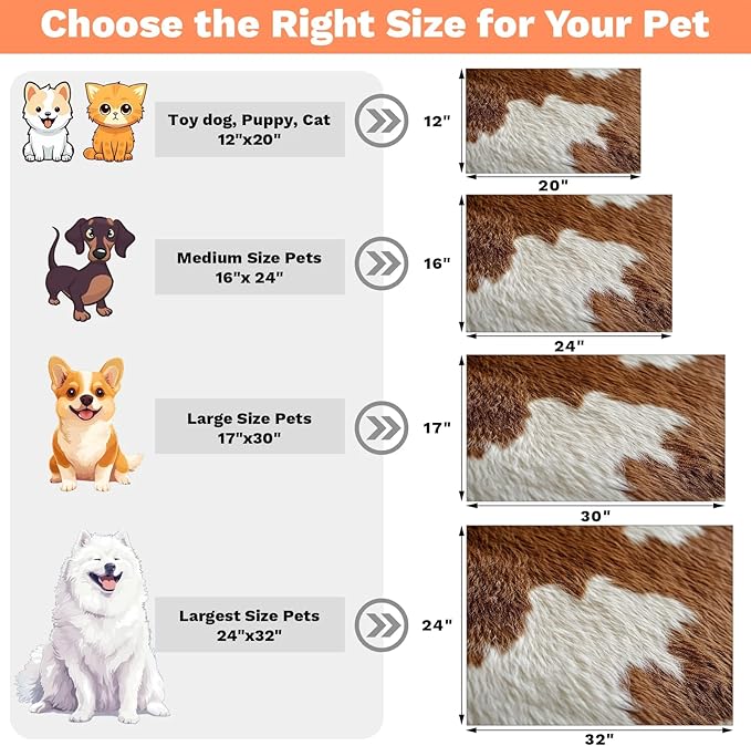 Cow Print Dog Food Mat for Floors Absorbent Dog Bowl Mat for Food and Water Dispenser Quick Dry Cat Food Placemat Pet Supplies 12" x 20", Brown White Fur