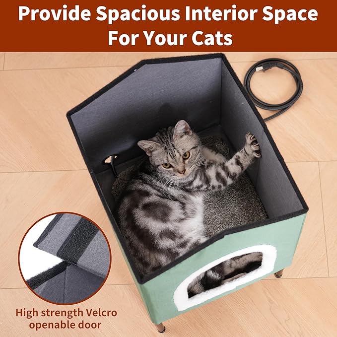 Heated Cat House for Indoor/Outdoor Use, Elevated/Insulated Feral Cat House, Heated Cat Bed with Pets Heating Pad, Warm House for Outside Stray Cats (Green,Medium)