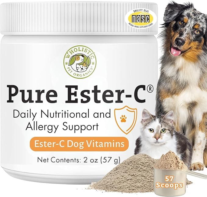 Wholistic Pet Organics Ester-C Powder for Dogs & Cats - Cat & Dog Allergy & Itch Relief - Vitamin C Immune Support Supplement - Itchy Skin Support for Seasonal Dog Allergy Relief - 2 oz - 57 Scoops