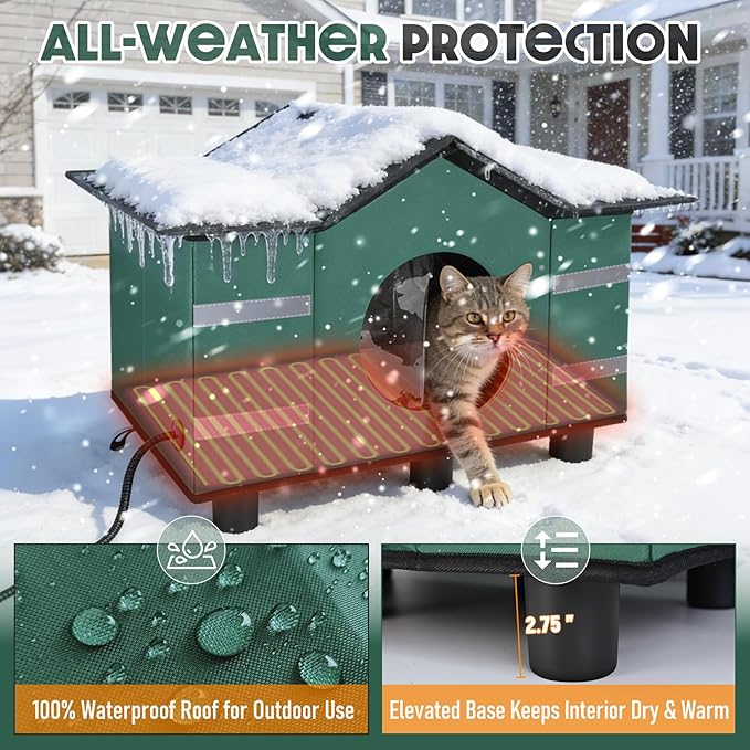 Heated Cat Shelter for Outside, Large Outdoor Cat House with Roof Window & Cozy Cushion Winter Insulated Weatherproof for Multiple Feral Kitties Small Pets Garage Yard Porch