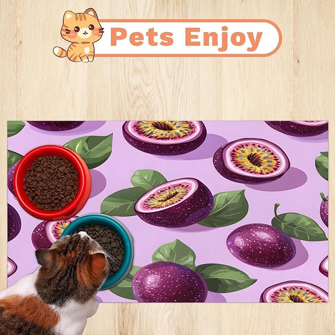 Passion Fruit Dog Food Mat for Floors Absorbent Dog Bowl Mat for Food and Water Dispenser Quick Dry Cat Food Placemat Pet Supplies 16" x 24", Tropical Fruit