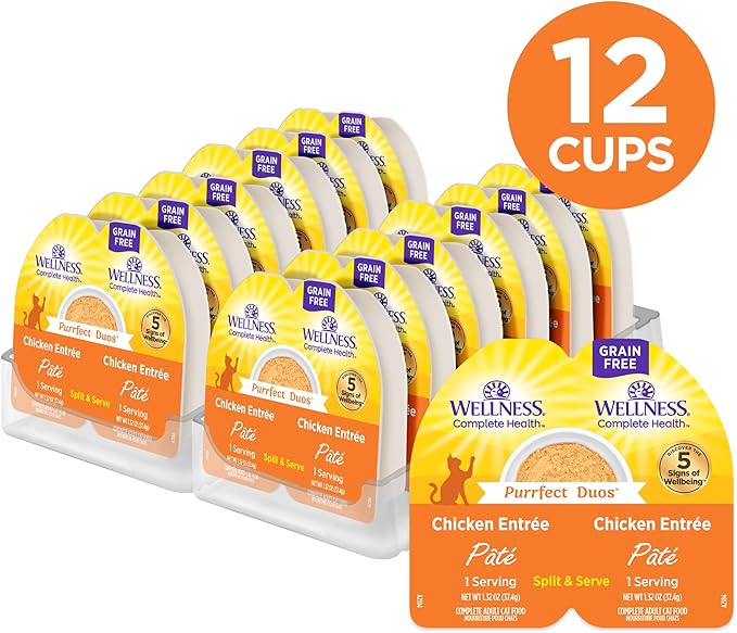 Wellness Complete Health Purrfect Duos, Pate, Adult Wet Cat Food, Natural, Protein-Rich, Grain-Free, 2.64 Ounce, 12 Pack, (Chicken Entrée Recipe)
