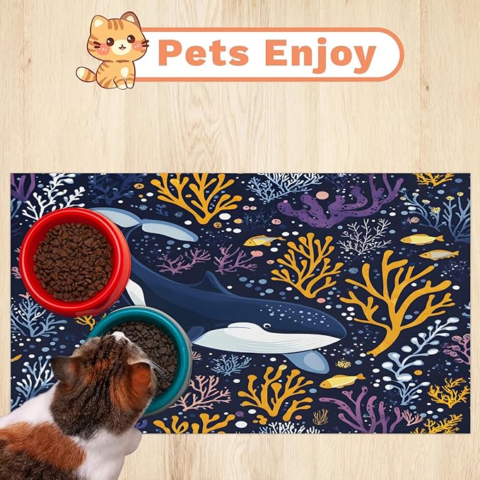 Black Shark Dog Food Mat for Floors Absorbent Dog Bowl Mat for Food and Water Dispenser Quick Dry Cat Food Placemat Pet Supplies 16" x 24", Boho Ocean Fish