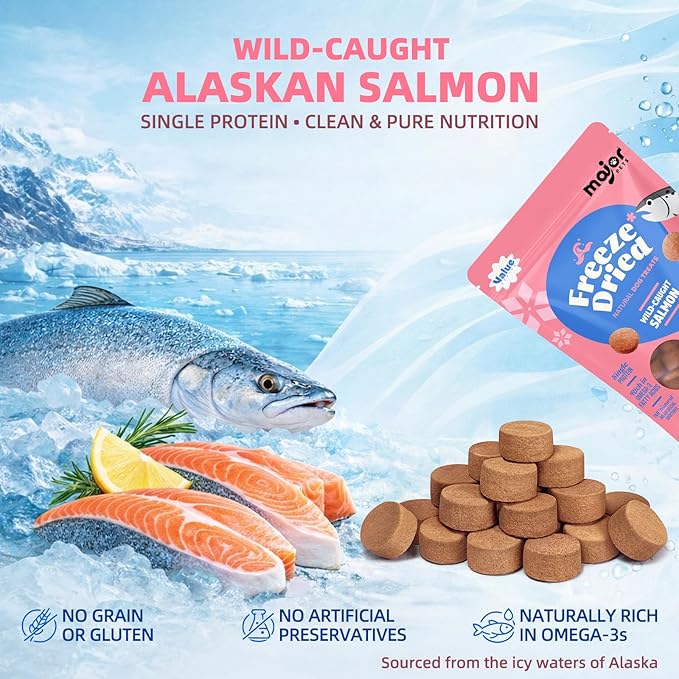 MAJOR PETS Freeze Dried Salmon Dog & Cat Treats - Wild Caught Alaskan Salmon -Single Protein - Grain Free & Gluten Free - Dog Food Toppers & Training Treats - Made and Sourced in The USA - 2.5 oz
