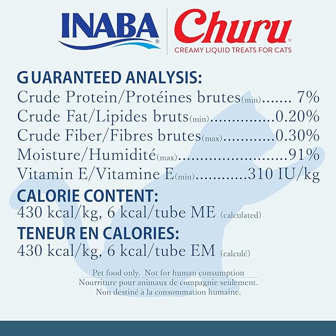 INABA Churu Cat Treats, Grain-Free, Lickable, Squeezable Creamy Purée Cat Treat/Topper with Vitamin E & Taurine, 0.5 Ounces Each Tube, 48 Tubes (4 per Pack), Tuna with Salmon Recipe