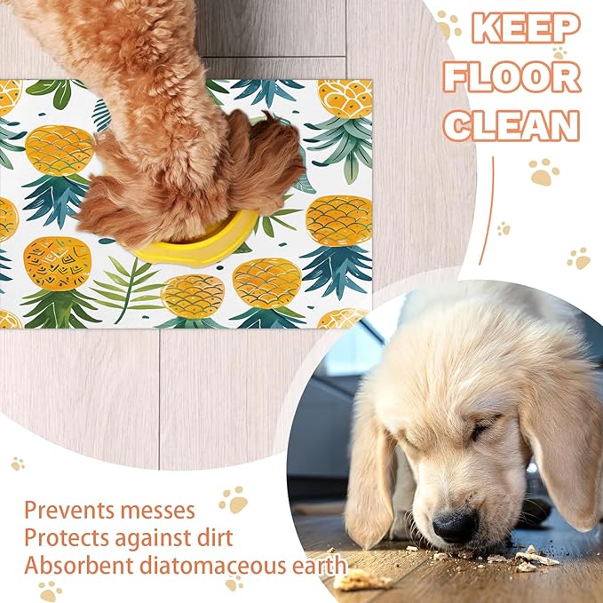 Pineapple Dog Food Mat for Floors Absorbent Dog Bowl Mat for Food and Water Dispenser Quick Dry Cat Food Placemat Pet Supplies 16" x 24", Tropical Summer Fruit