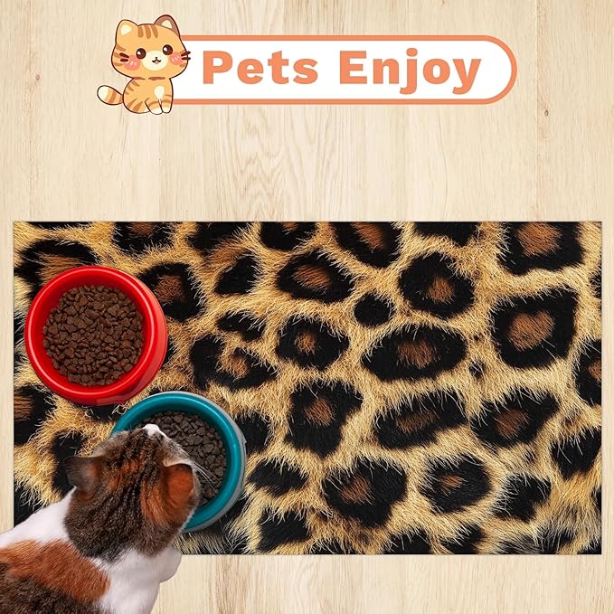 Leopard Print Dog Food Mat for Floors Absorbent Dog Bowl Mat for Food and Water Dispenser Quick Dry Cat Food Placemat Pet Supplies 16" x 24", African Cheetah