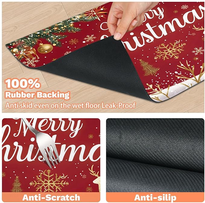 Merry Christmas Dog Food Mat for Floors Absorbent, Quick Dry Water Dispenser Mat for Food, Water, Pet Supplies 17" x 30", Gold Deer