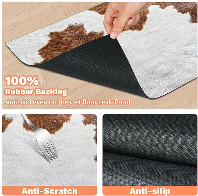 Cow Print Dog Food Mat for Floors Absorbent Dog Bowl Mat for Food and Water Dispenser Quick Dry Cat Food Placemat Pet Supplies 16" x 24", Brown Cow Skin