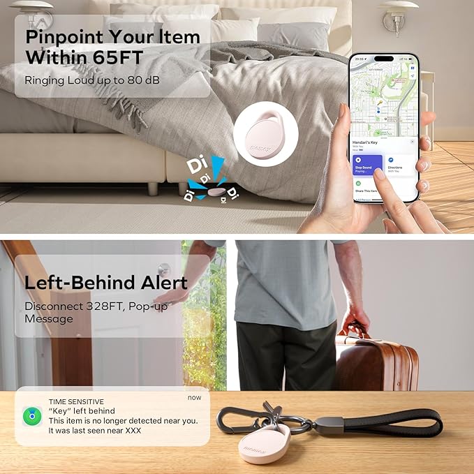 Momax Key Finder Tracker Tag - [Apple MFi Certified] Smart Bluetooth Tracking Device with Find My (iOS Only), Replaceable Battery, DIY Stickers, for Wallets, Luggage, Suitcases, Backpacks, Pink