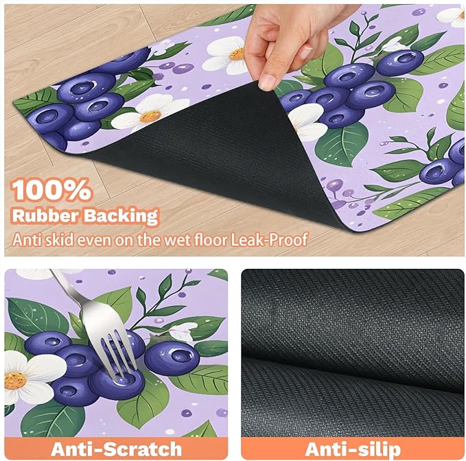 Watercolor Blueberry Dog Food Mat for Floors Absorbent Dog Bowl Mat for Food and Water Dispenser Quick Dry Cat Food Placemat Pet Supplies 17" x 30", Summer Floral