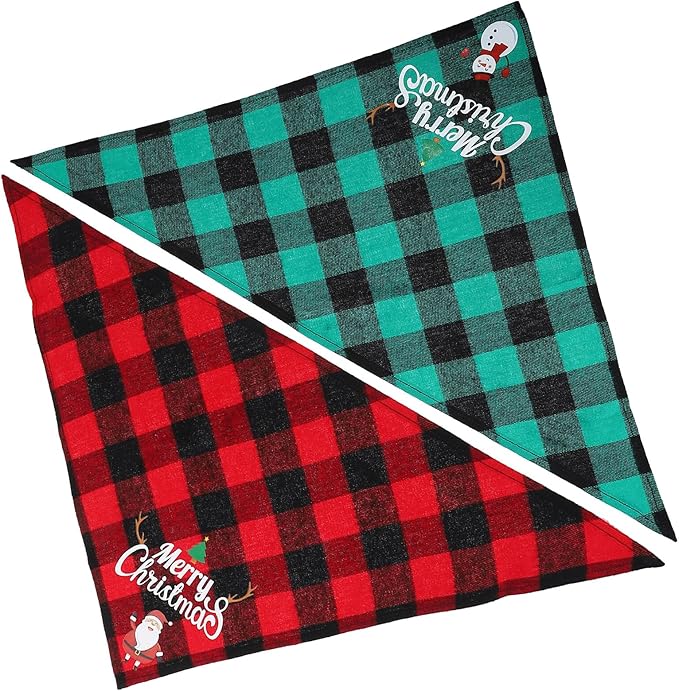 Unomor Christmas Dog Bandanas and Dog Triangle Bibs 2pcs Plaid Cotton Scarves with Christmas Santa Snowman Patterns Soft Pet Supplies for Holiday Wear
