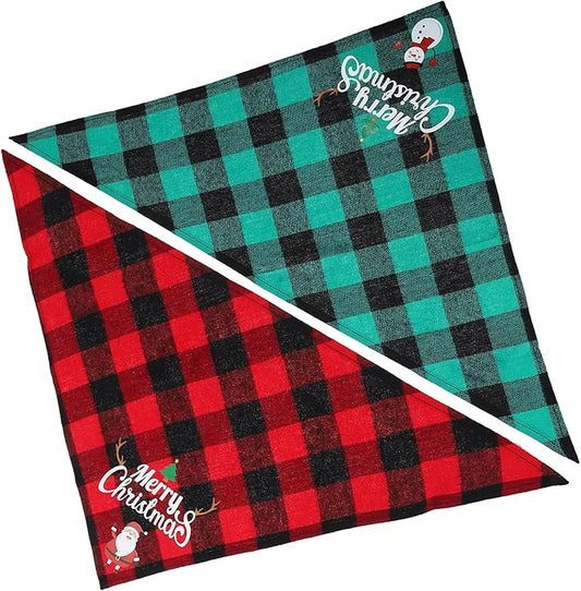 Unomor Christmas Dog Bandanas and Dog Triangle Bibs 2pcs Plaid Cotton Scarves with Christmas Santa Snowman Patterns Soft Pet Supplies for Holiday Wear