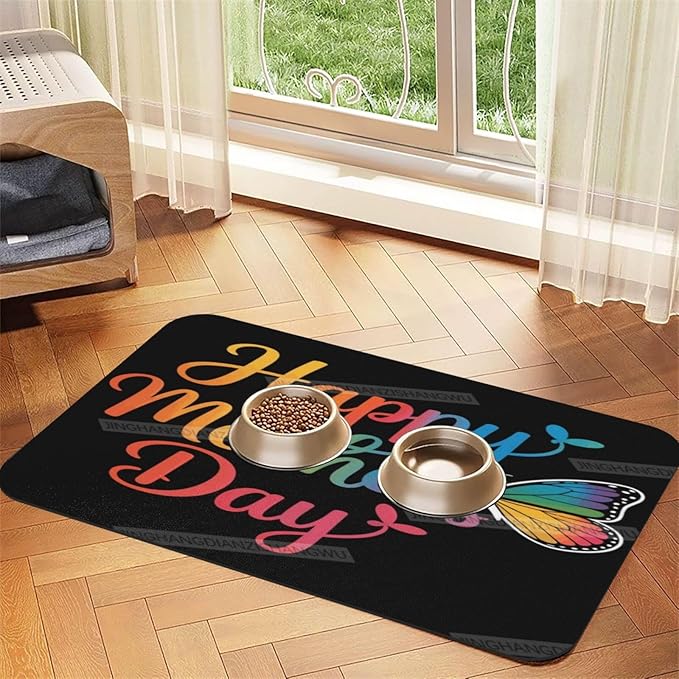 Pet Feeding Mat for Floors Waterproof Dog Mat for Food and Water Butterfly Happy Mother's Day Floral Gift Mom Bz Absorbent Quick Dry Non Slip Mats Cat Bowls 24x16In