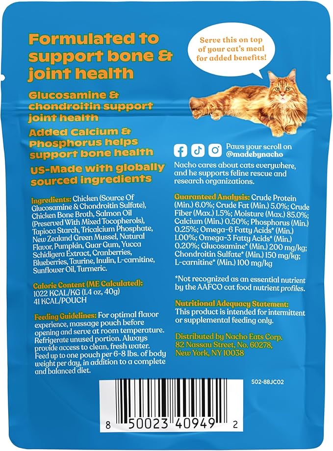 Made by Nacho Bone & Joint Support Meal Topper, Cage-Free Chicken Puree with Bone Broth, Cat Food Topper, Hydration and Flavor, Immune Support, 1.4 oz Each, 18 Count