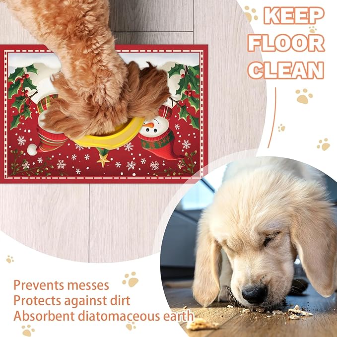 Christmas Snowman Dog Food Mat for Floors Absorbent, Quick Dry Water Dispenser Mat for Food, Water, Pet Supplies 24" x 32", Xmas Tree