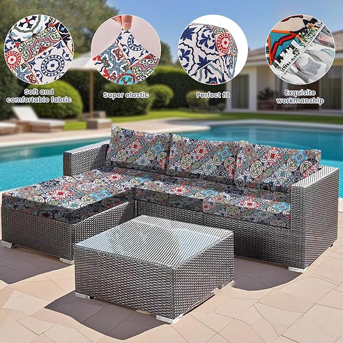 HANDONTIME 8Pcs Outdoor Patio Cushion Covers Boho Medallion Stretch Couch Cushion Cover Patio Couch Slipcover for Outdoor/Indoor Washable Non-Slip Furniture Protector for Pet (Boho,Cover Only)
