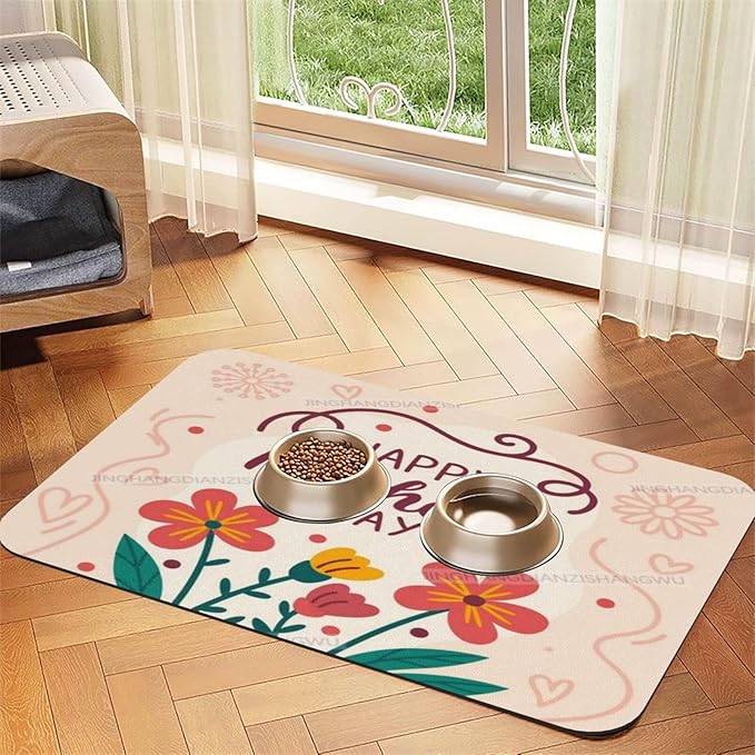 Dog Food Mat Happy Mother's Day Floral Gift for Mom Dz Absorbent Water Bowl Mats Cat Pet Feeding Placemats 18X12In