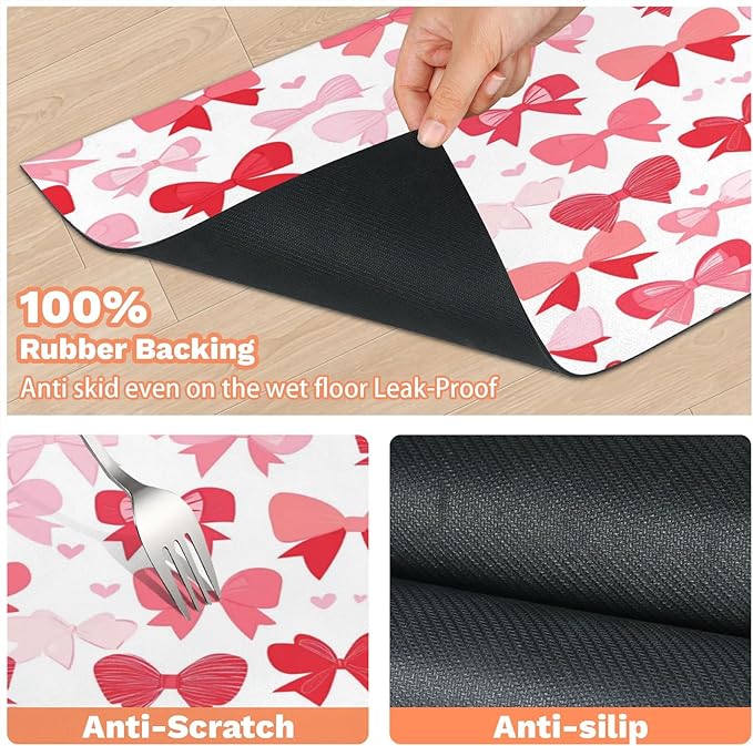 Bow Dog Food Mat for Floors Absorbent, Quick Dry Water Dispenser Mat for Food, Water, Pet Supplies 17" x 30", Cute Bowknot