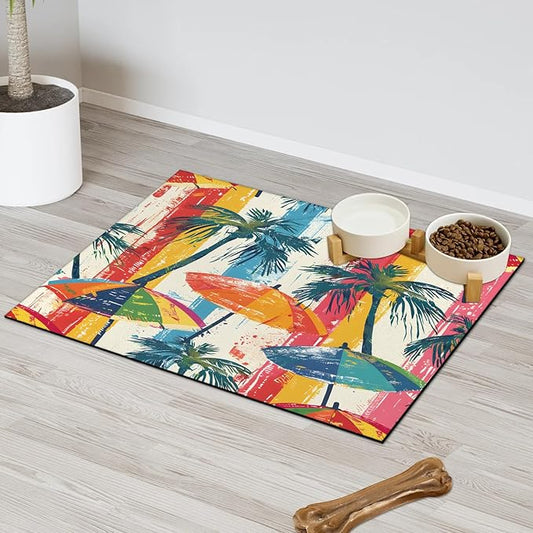 Palm Tree Dog Food Mat for Floors Absorbent, Quick Dry Water Dispenser Mat for Food, Water, Pet Supplies 12" x 20", Summer Tropical