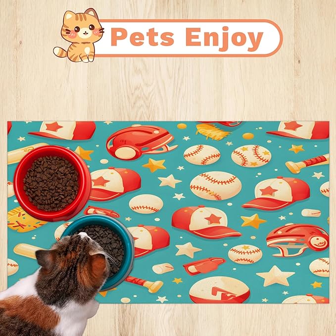 Baseball Dog Food Mat for Floors Absorbent, Quick Dry Water Dispenser Mat for Food, Water, Pet Supplies 17" x 30", Sport