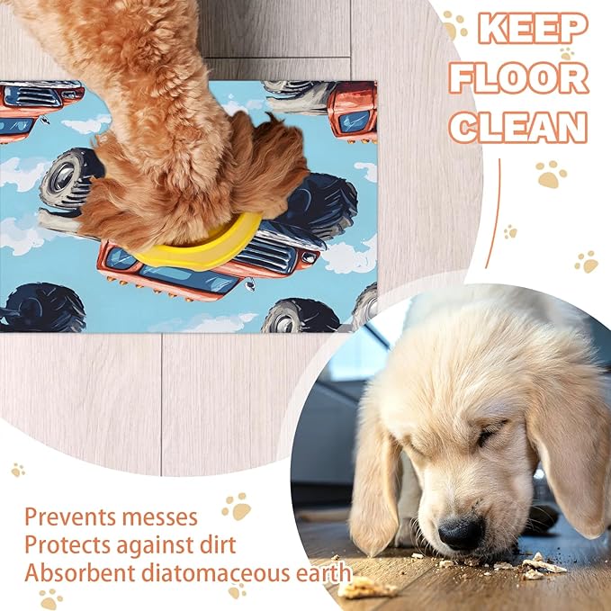 Truck Cars Dog Food Mat for Floors Absorbent, Quick Dry Water Dispenser Mat for Food, Water, Pet Supplies 24" x 32", Cool Vehicle