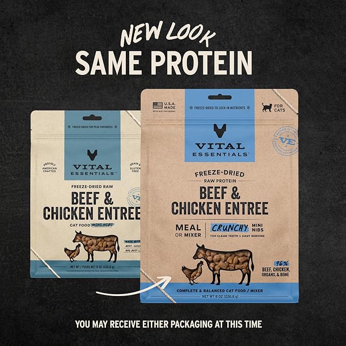 Vital Essentials Freeze Dried Cat Food, Raw Beef & Chicken Crunchy Mini Nibs | Complete Meal or Topper | 96% Beef, Chicken, Organs & Bone | High Protein, Grain Free Dry Cat Food | 8 oz Bag