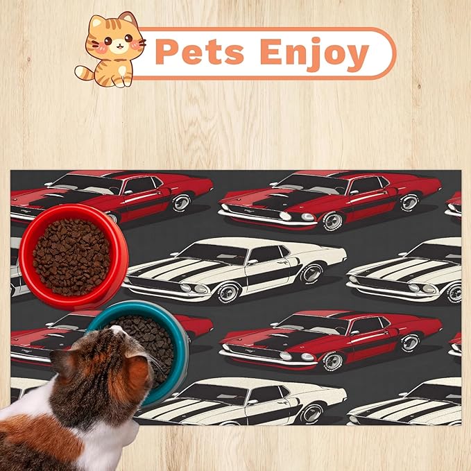 Vintage Car Dog Food Mat for Floors Absorbent, Quick Dry Water Dispenser Mat for Food, Water, Pet Supplies 16" x 24", Red White Car