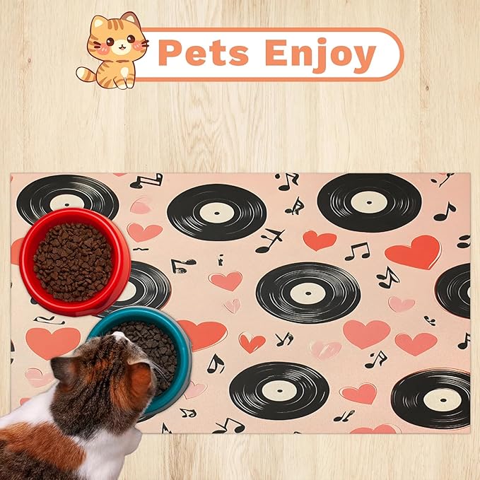 Music Records Dog Food Mat for Floors Absorbent Dog Bowl Mat for Food and Water Dispenser Quick Dry Cat Food Placemat Pet Supplies 24" x 32", Black Note