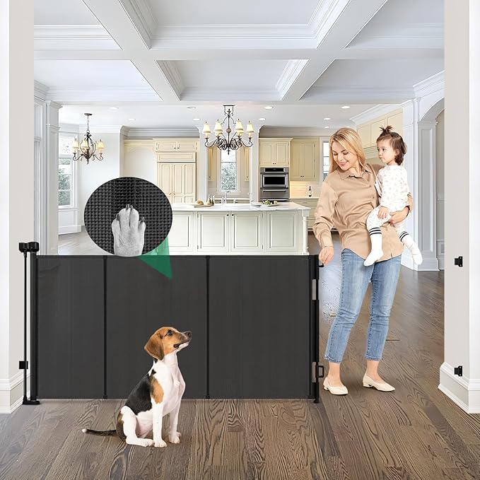 Reinforced 85" Wide Retractable Baby Gates Extra Wide Retractable Dog Gate with Support Rods – Prevent Crawling Under, Indoor Wide Baby Gate Outdoor Retractable Gate, Puppy Gates for The House, Black