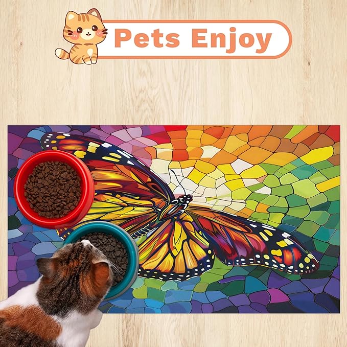 Rainbow Butterfly Dog Food Mat for Floors Absorbent, Quick Dry Water Dispenser Mat for Food, Water, Pet Supplies 12" x 20", Colorful Butterflies