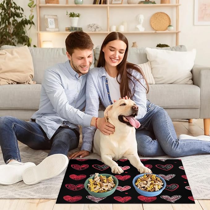Valentine's Day Dog Food Mat for Floors Absorbent, Quick Dry Water Dispenser Mat for Food, Water, Pet Supplies 12" x 20", Black Red Love