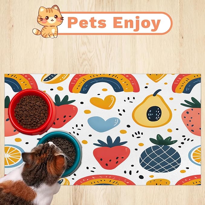 Boho Strawberry Dog Food Mat for Floors Absorbent Dog Bowl Mat for Food and Water Dispenser Quick Dry Cat Food Placemat Pet Supplies 24" x 32", Colorful Rainbow