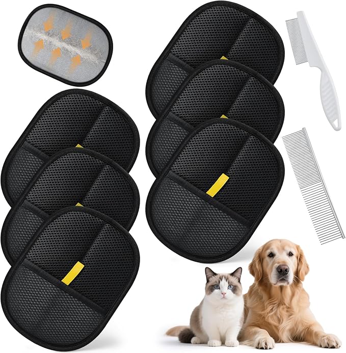 6 Pcs Pet Hair Removal Glove for Cats & Dogs Reusable Static Pet Hair Remover Grooming Glove Brush Tool with Flea Comb and Grooming Comb for Furniture Clothing Bedding Sofa Carpet