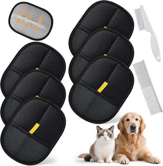 6 Pcs Pet Hair Removal Glove for Cats & Dogs Reusable Static Pet Hair Remover Grooming Glove Brush Tool with Flea Comb and Grooming Comb for Furniture Clothing Bedding Sofa Carpet
