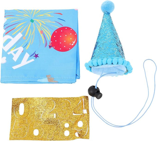 Pet Birthday Hat and Bandana Set, 3pcs Dog Party Accessories in Light Blue, Decorative Puppy Birthday Supplies for Pet Celebration