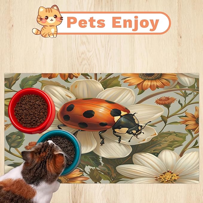Ladybird Dog Food Mat for Floors Absorbent, Quick Dry Water Dispenser Mat for Food, Water, Pet Supplies 24" x 32", Daisy Flower