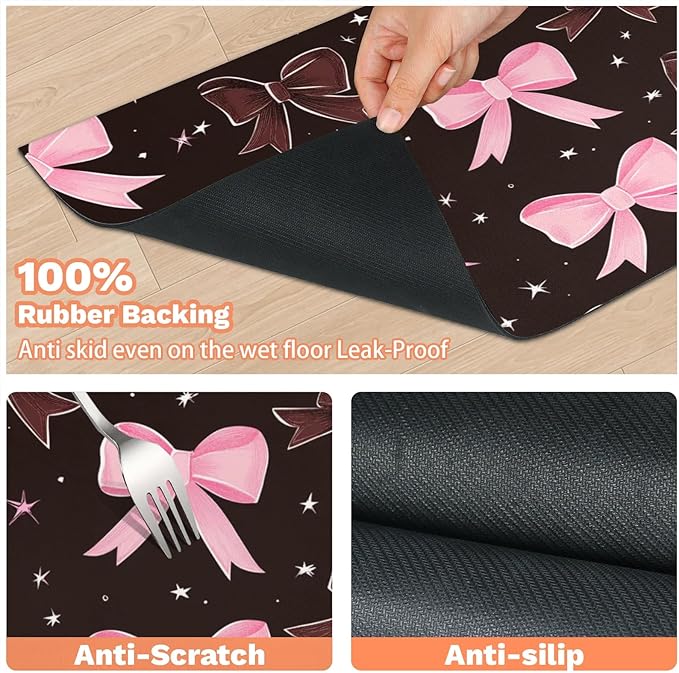 Black Pink Bow Dog Food Mat for Floors Absorbent, Quick Dry Water Dispenser Mat for Food, Water, Pet Supplies 24" x 32", Bownot