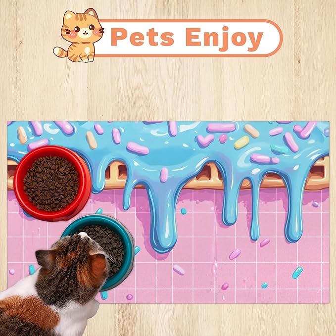 Ice Cream Dog Food Mat for Floors Absorbent Dog Bowl Mat for Food and Water Dispenser Quick Dry Cat Food Placemat Pet Supplies 24" x 32", Pink Blue