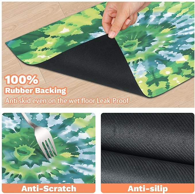 Tie Dye Dog Food Mat for Floors Absorbent, Quick Dry Water Dispenser Mat for Food, Water, Pet Supplies 24" x 32", Green Abstract