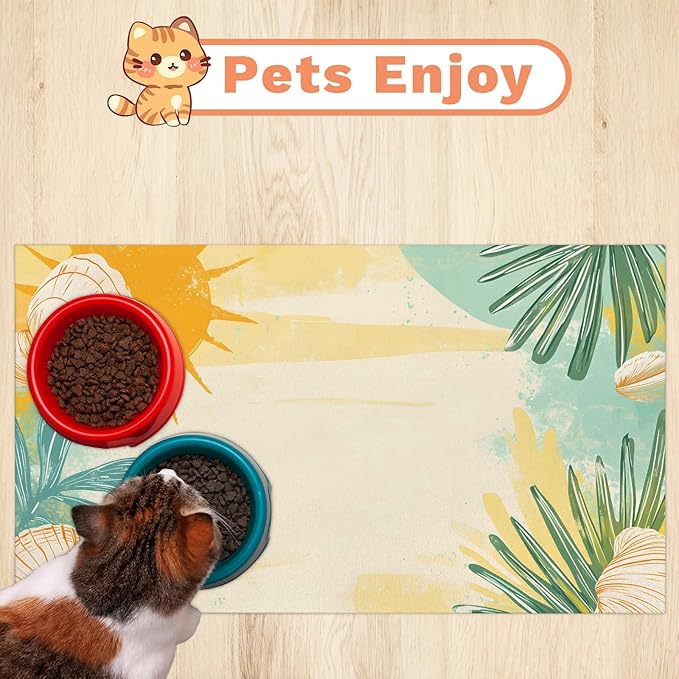 Tropical Coast Dog Food Mat for Floors Absorbent Dog Bowl Mat for Food and Water Dispenser Quick Dry Cat Food Placemat Pet Supplies 17" x 30", Boho Sun