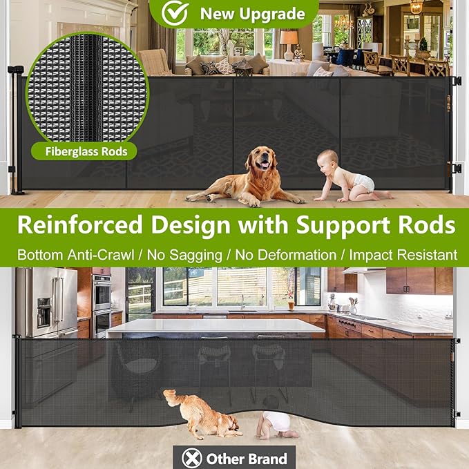 Reinforced 42" Tall x 195" Extra Long Baby Gates for Large Openings, Tall Retractable Baby Gates Extra Wide Dog Gate with Support Rods - Prevent Crawling Under, Indoor/Outdoor Retractable Fence, Black