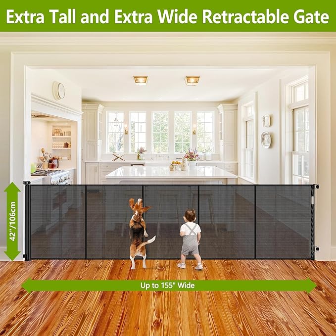 Reinforced 42" Tall Retractable Dog Gate, 155" Extra Long Retractable Baby Gate with Support Rods - Prevent Crawling Under, Indoor/Outdoor Retractable Gate Extra Tall Baby Gate Retractable Fence/Black