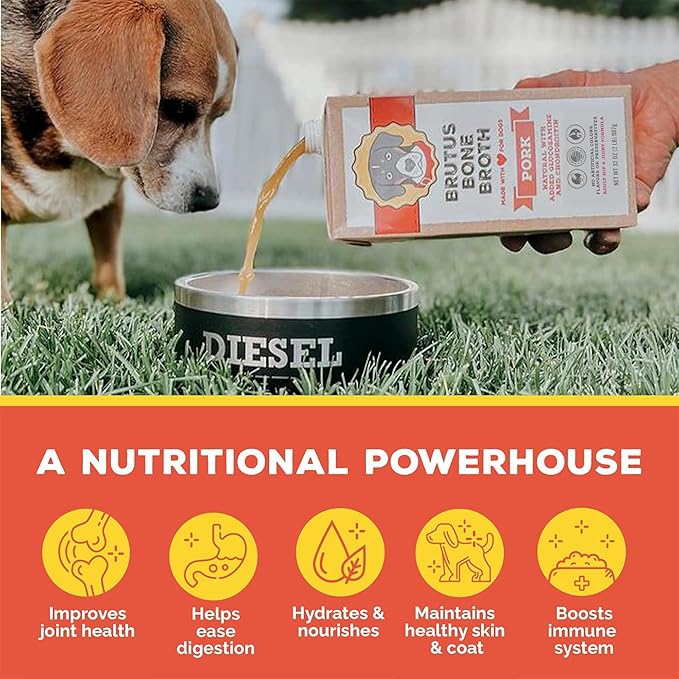 Brutus Broth for Dogs - All Natural Bone Broth for Dogs with Chondroitin Glucosamine Turmeric -Human Grade Dog Food Toppers - Beef and Pork Bundle