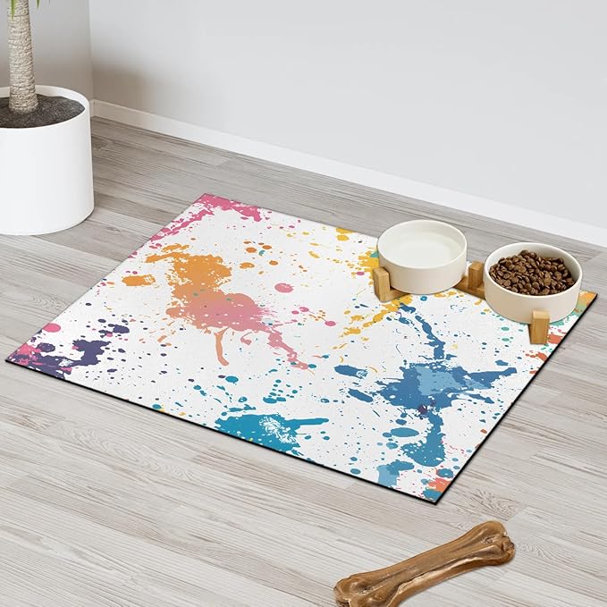 Rainbow Graffiti Dog Food Mat for Floors Absorbent Dog Bowl Mat for Food and Water Dispenser Quick Dry Cat Food Placemat Pet Supplies 17" x 30", Abstract