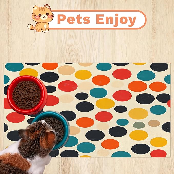 Polka Dot Dog Food Mat for Floors Absorbent Dog Bowl Mat for Food and Water Dispenser Quick Dry Cat Food Placemat Pet Supplies 12" x 20", Red Black Blue